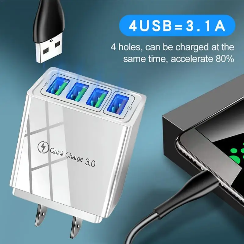 Phone Charger, 3A Faster Phone Wall Charger, Ultra-Fast Charging USB Adapter, Charge Four Device At Once For Smartphone & Tablet