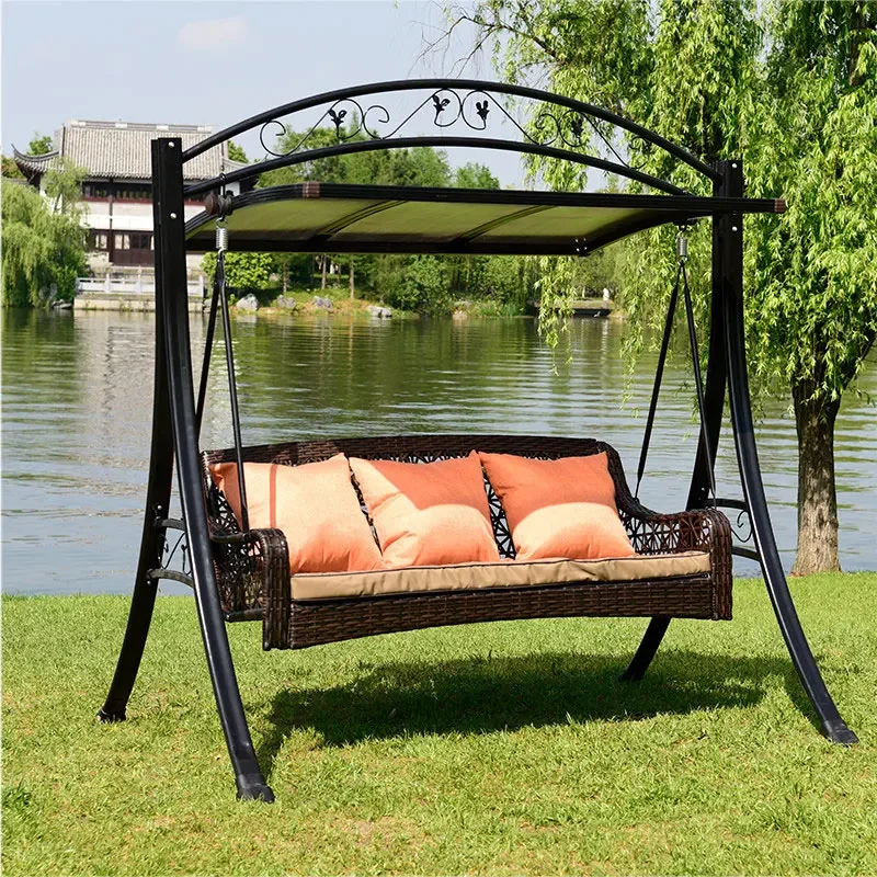Outdoor Leisure Three-person Metal Swing Chair Garden Patio Rattan Seats Rocking Chair