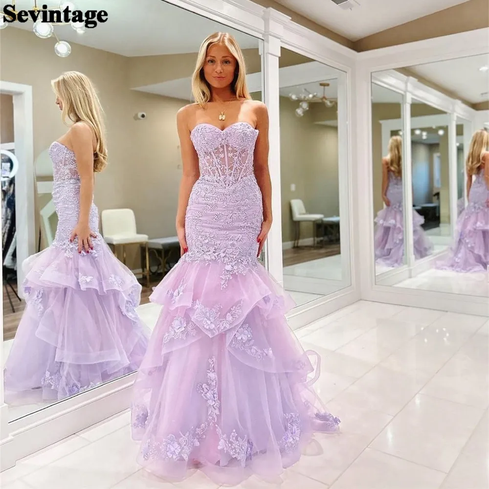 

Sevintage Elegant Lavender Tulle Prom Dress Mermaid Sweetheart Lace Tiered Ruffles Formal Evening Dress Floor Length Party Gown