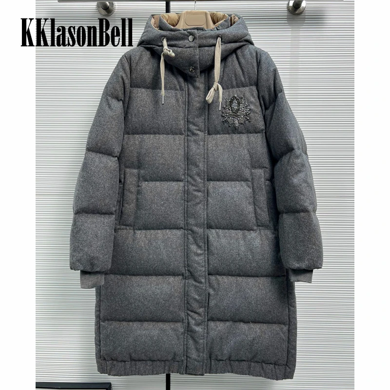 

10.16 KKlasonBell Fashion Heavy Industry Embroidery Bead Hooded Keep Warm Mid Length Goose Down Coat Women