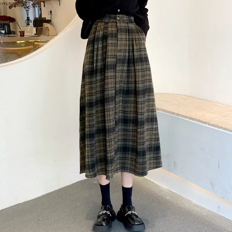 New Skirt Fashion Casual Women Vintage Plaid Elegant Elastic High Waist A-line Office Harajuku Streetwear Midi Skirt 2022 long skirts Skirts