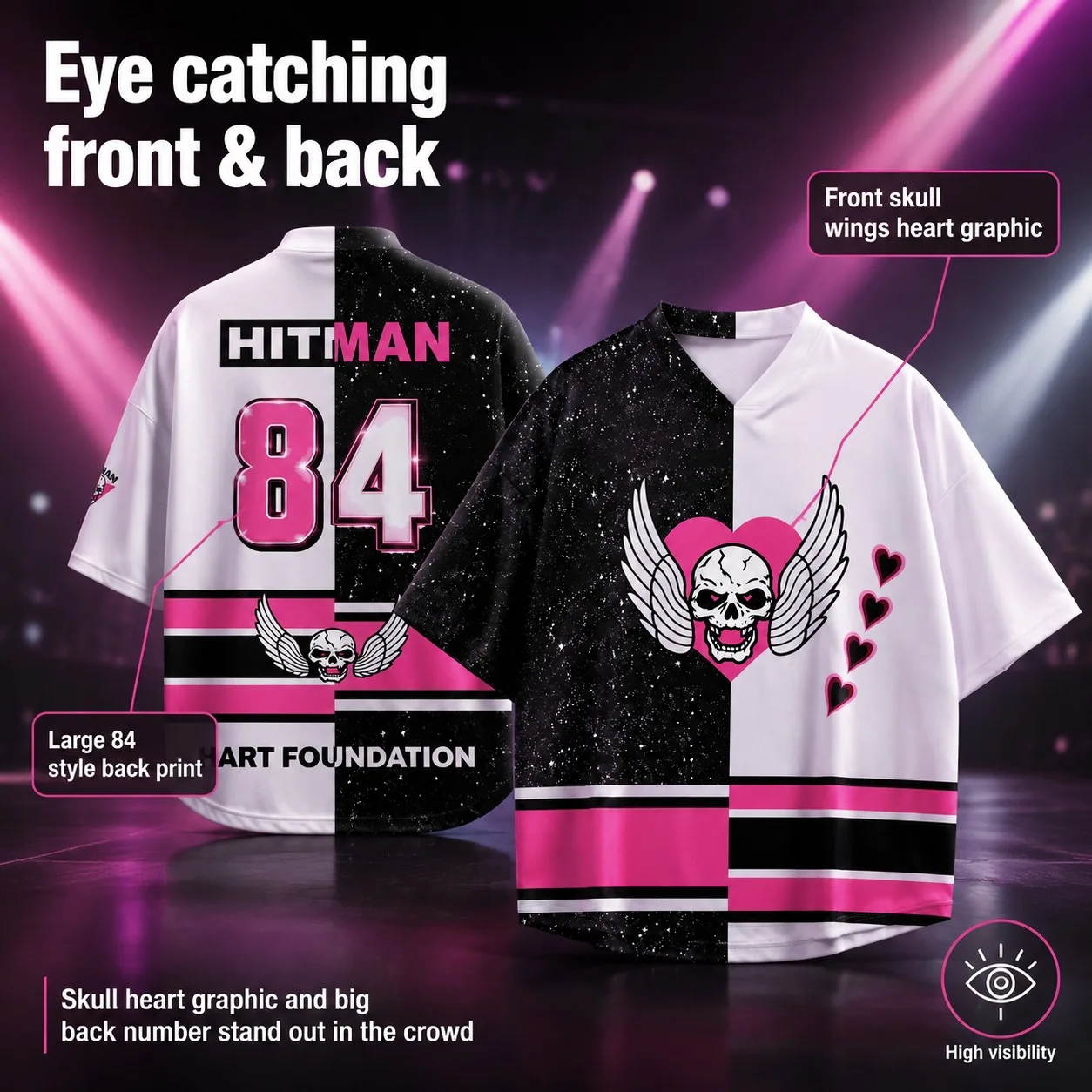 Schwarz-weißes Split Hitman 84 Wrestling-Trikot mit V-Ausschnitt, rosa Totenkopf-Herz-Flügel-Grafik-T-Shirt für Retro-Wrestling-Fans, Match-Day-T-Shirt