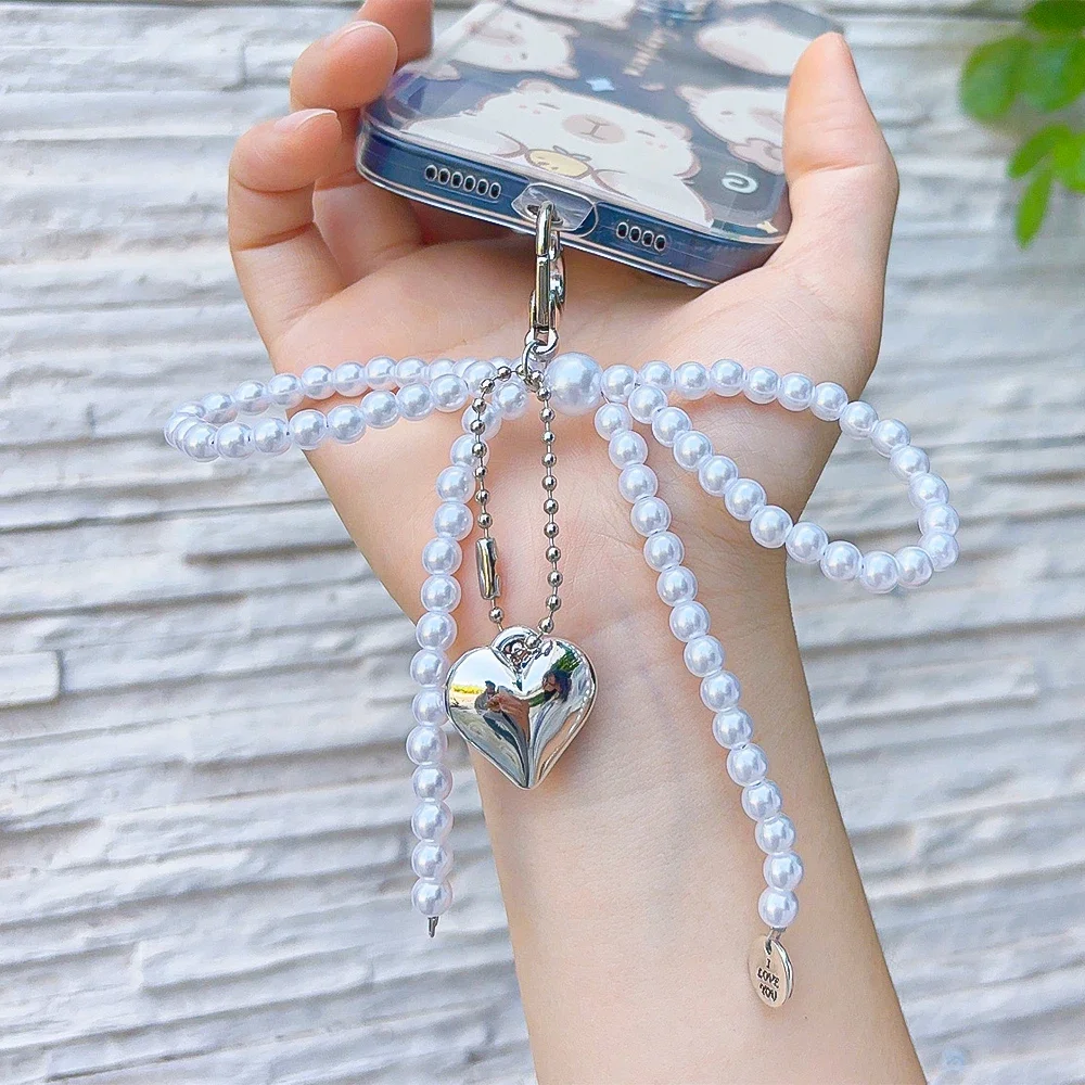 Korean-Inspired Cute Bow & Pearl Charm with Y2K Heart Pendant - Versatile Accessory for Phones, Bags, and Keychains