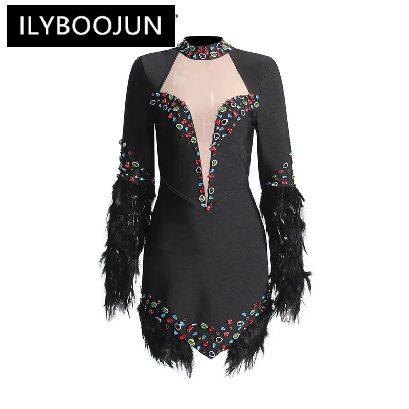 

ILYBOOJUN Patchwork Feathers Chic Dress For Women Stand Collar Long Sleeve High Waist Spliced Diamonds Dresses Famale Style