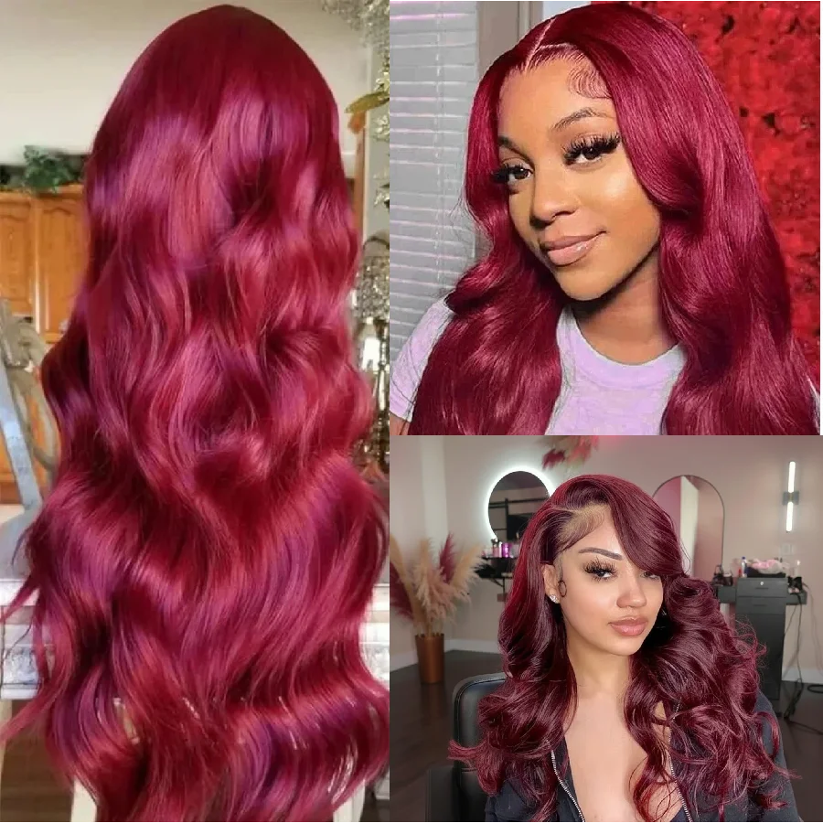 99J Burgundy Lace Frontal Wig 13x6 Body Wave Lace Front Wig HD Transparent Lace Frontal Wig Human Hair Pre Plucked 99j Red Color 2