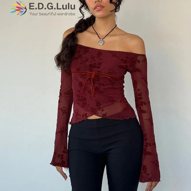 

EDGLuLu 2024 Осенняя Женская Сексуальная футболка с открытыми плечами и длинным рукавом Повседневный уличный ретро Топ с цветочным принтом и расклешенными рукавами 0710