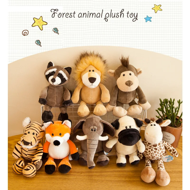 

25cm Stuffed Animals Soft Plush Toy Cartoon Cute Elephant Monkey Raccoon Fox Lion Tiger Plush Animal Dolls For Kids Gifts