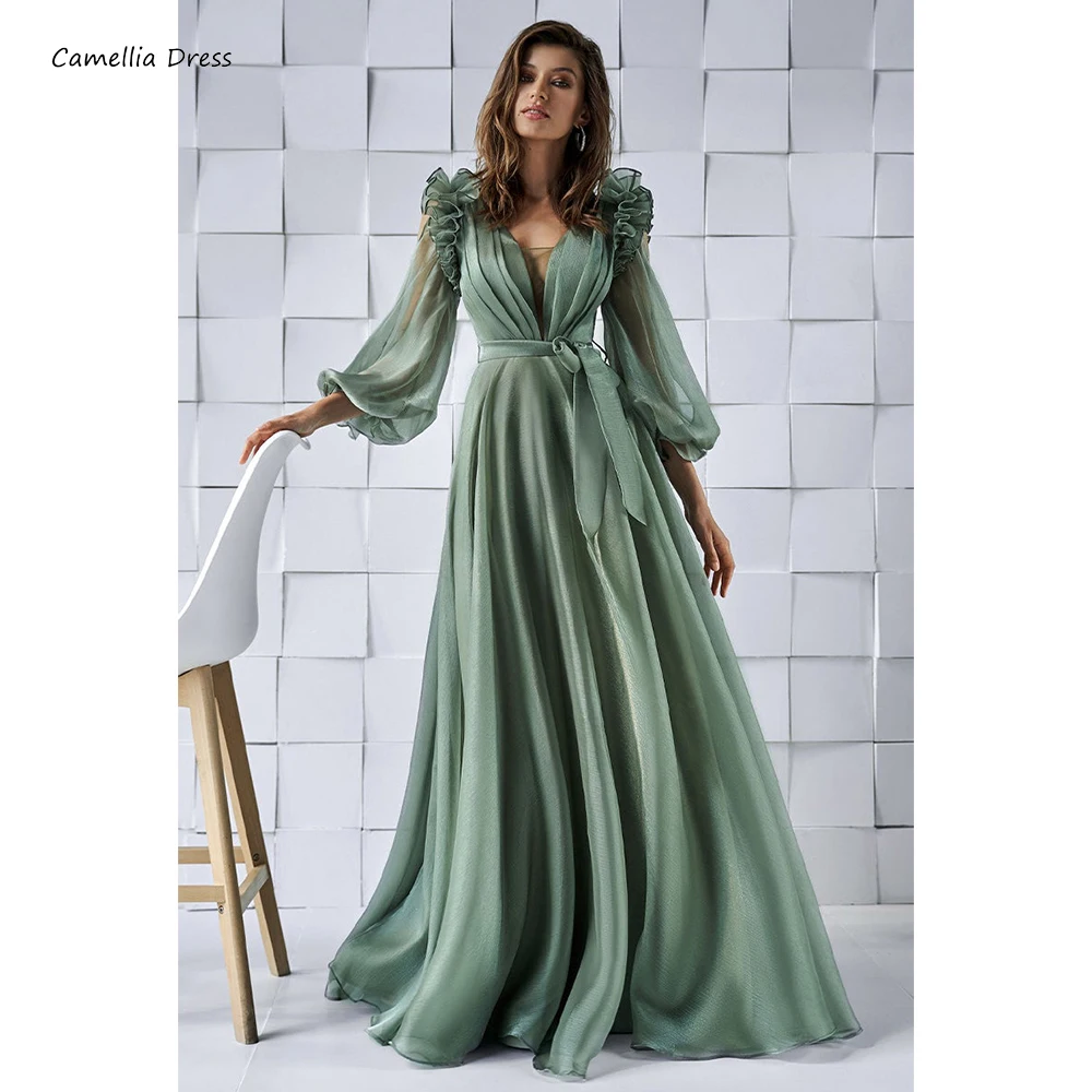Deep V Neck Party Dresses Long Sleeve Evening Dress A-line Puff Sleeves Dresses For Prom Vestidos De Fiesta