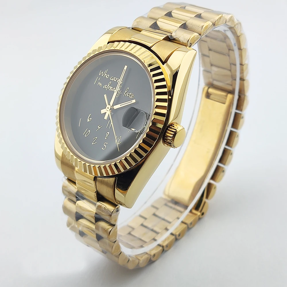 Gold Men Watch Who cares i'm already late Watch No gold Text Sapphire Glass Stainless Steel nh35 Movement Waterproof