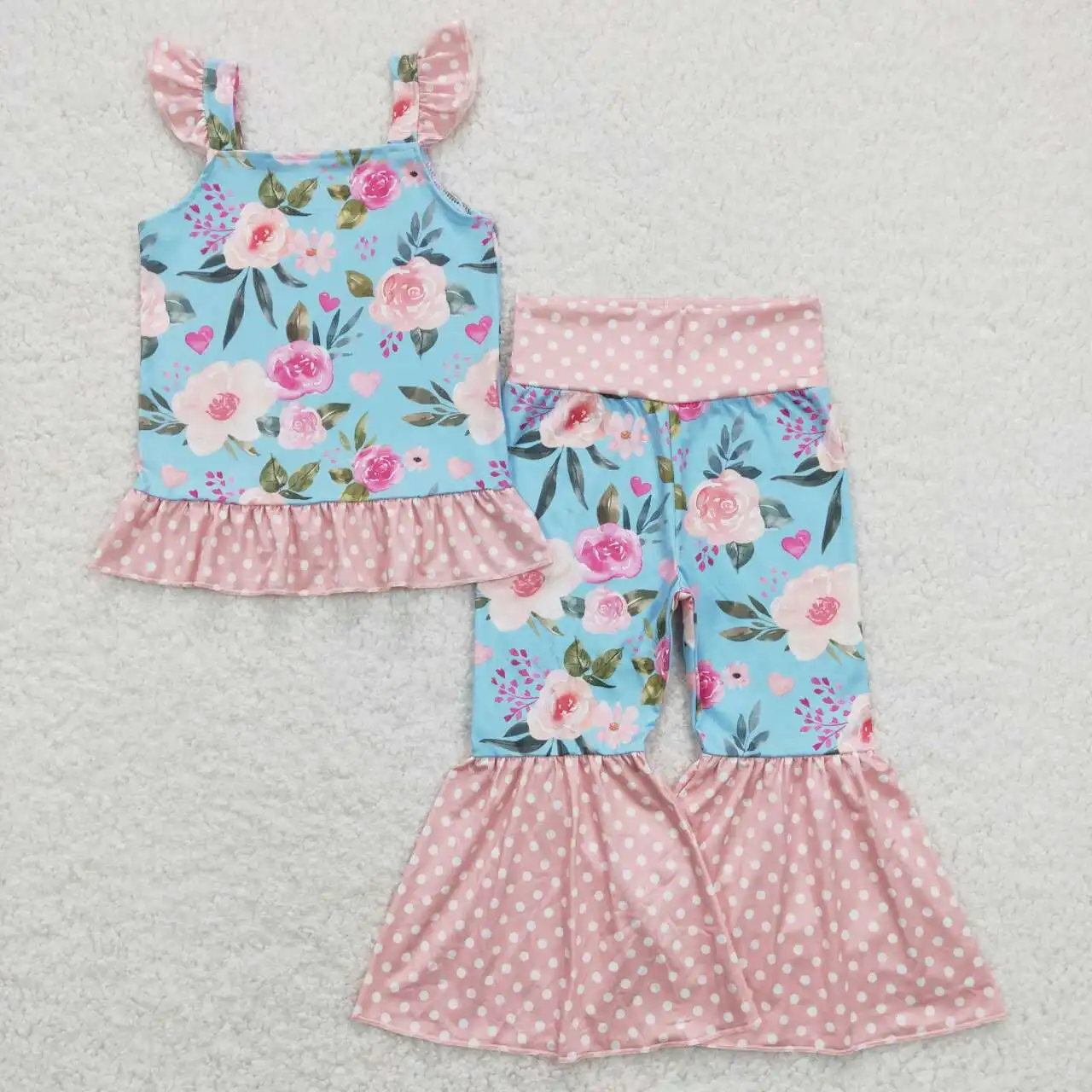 

wholesale western boutique children's clothing baby girls clothes Love flower polka dot pink lace blue top and pants suit