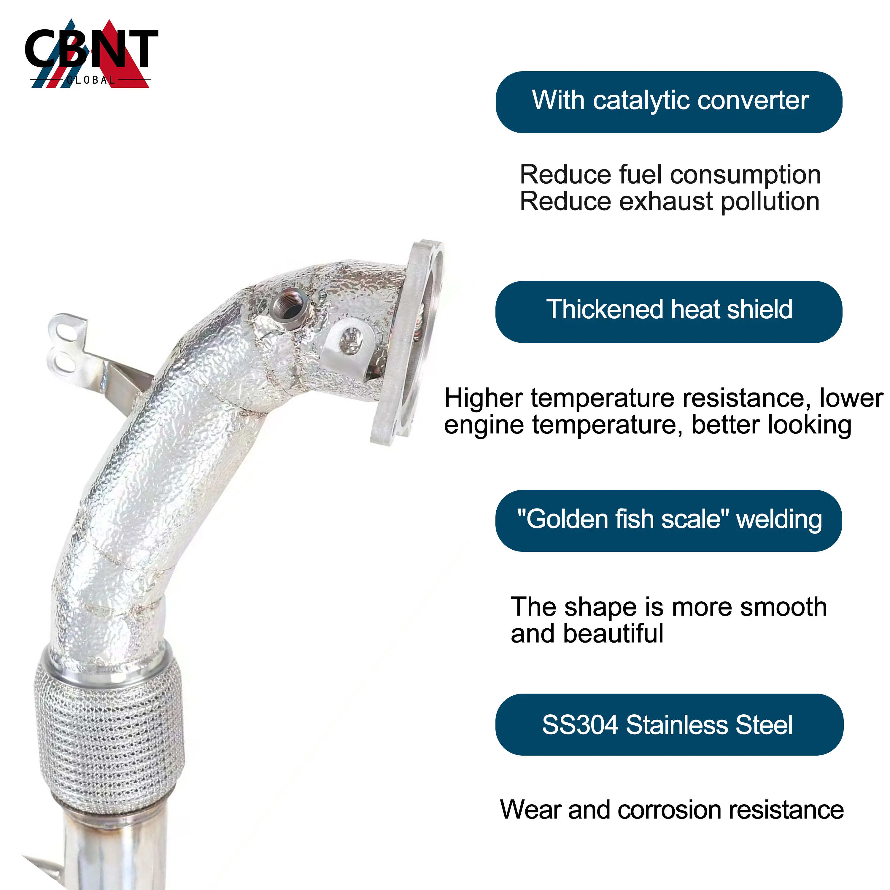CBNT Exhaust Header for Volvo V60 S60 XC60 3.0T Downpipe with Heat Shield SS304 Tuning Exhaust-pipe with Catalytic Converter