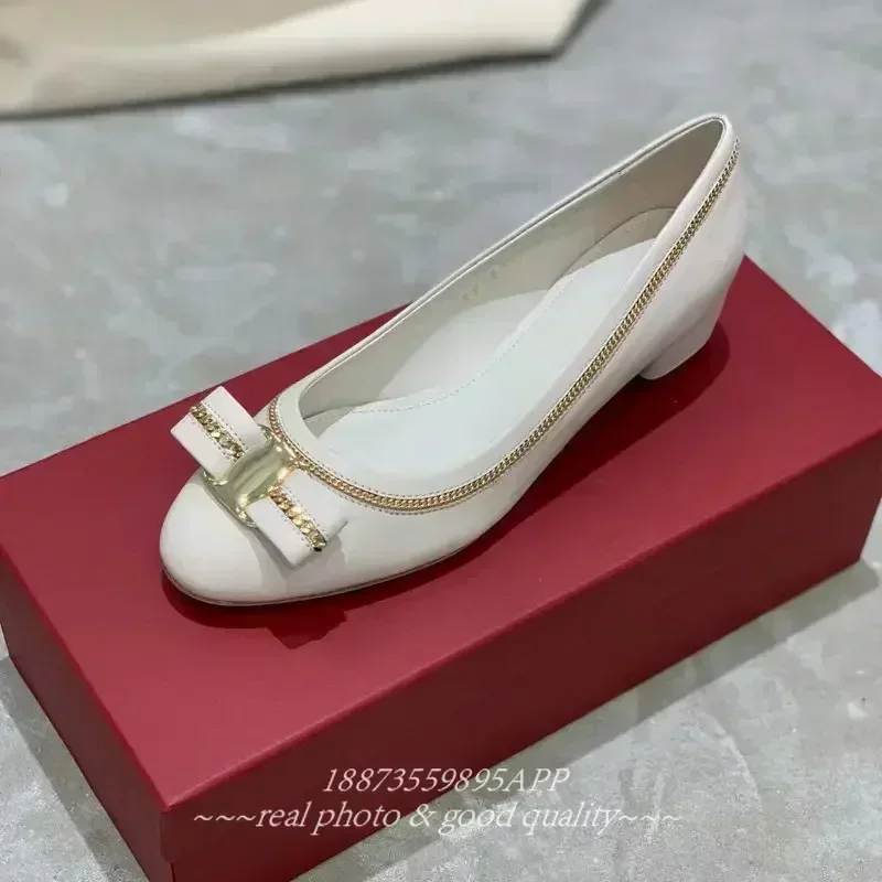 Top quality soft suede round head chain bow women's flat 3cm chunky heels elegant women's office work shoes 4