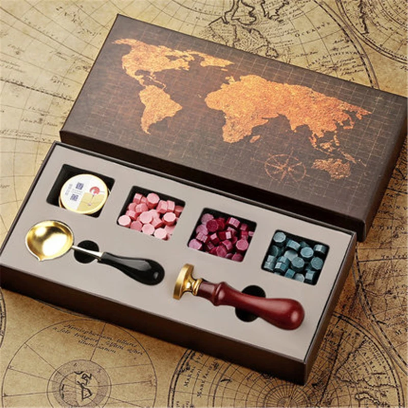 

World Map Wax Beads Stamp Wax Seal Box Kit DIY Sealing Beads Stamps Seals Set Envelope Wedding Postage Hobby Card Craft Decor