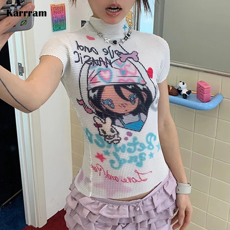 Karrram Japanisches Y2k Anime Print T-Shirt 2000er Jahre Ästhetik Kawaii Crop Top Vintage Harajuku Cutecore Kurzarm T-Shirts Lolita