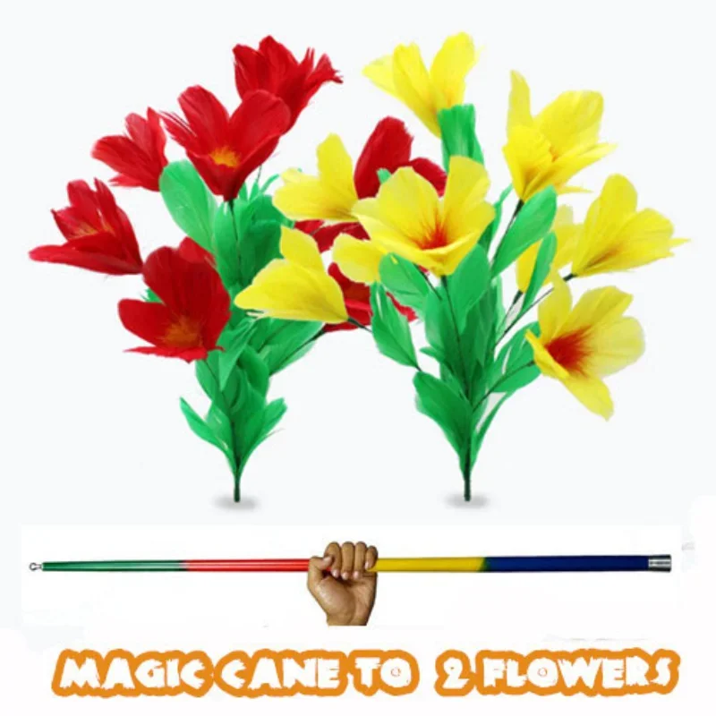 magic-cane-to-2-flowers-bunch-stage-magic-tricks-metal-wand-to-red-yelllow-flowers-magic-professional-magicians-magia-show-toys