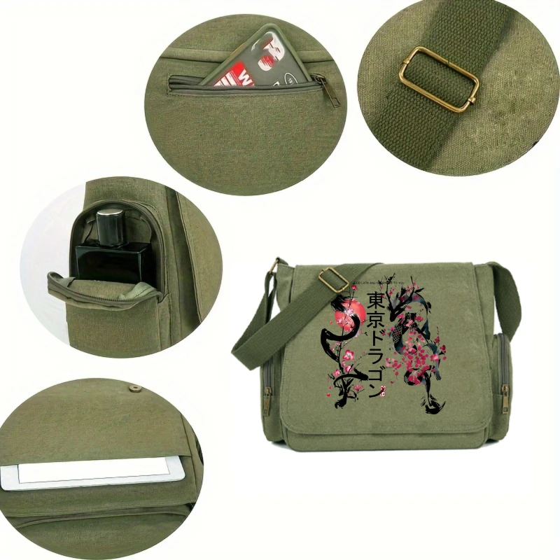 Japanese Canvas Bag Large Capacity Vintage Dragon Print Shoulder Bag Canvas Crossbody Messenger Bag Unisex Commuting