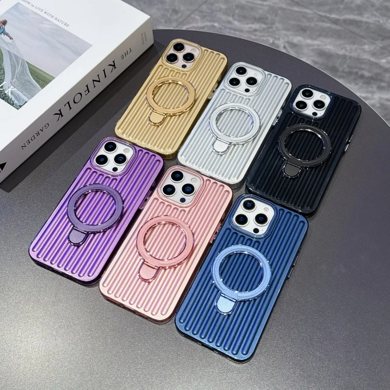 Corrugated Magnetic Folding Stand Holder Case with Stripe Design