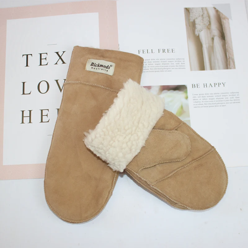 New Winter Warm Women's Sheepskin Gloves Thickened Wool Lined Solid Finger Leather Gloves