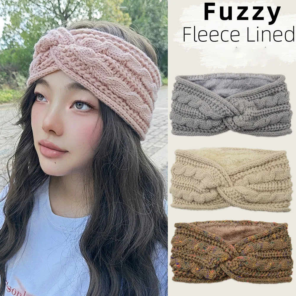Winter-Kreuzstrick-Stirnband, dicker Häkel-Turban, gestrickter Ohrenwärmer mit Plüschfutter, Ohrenschützer, Strumpffüller für kaltes Wetter