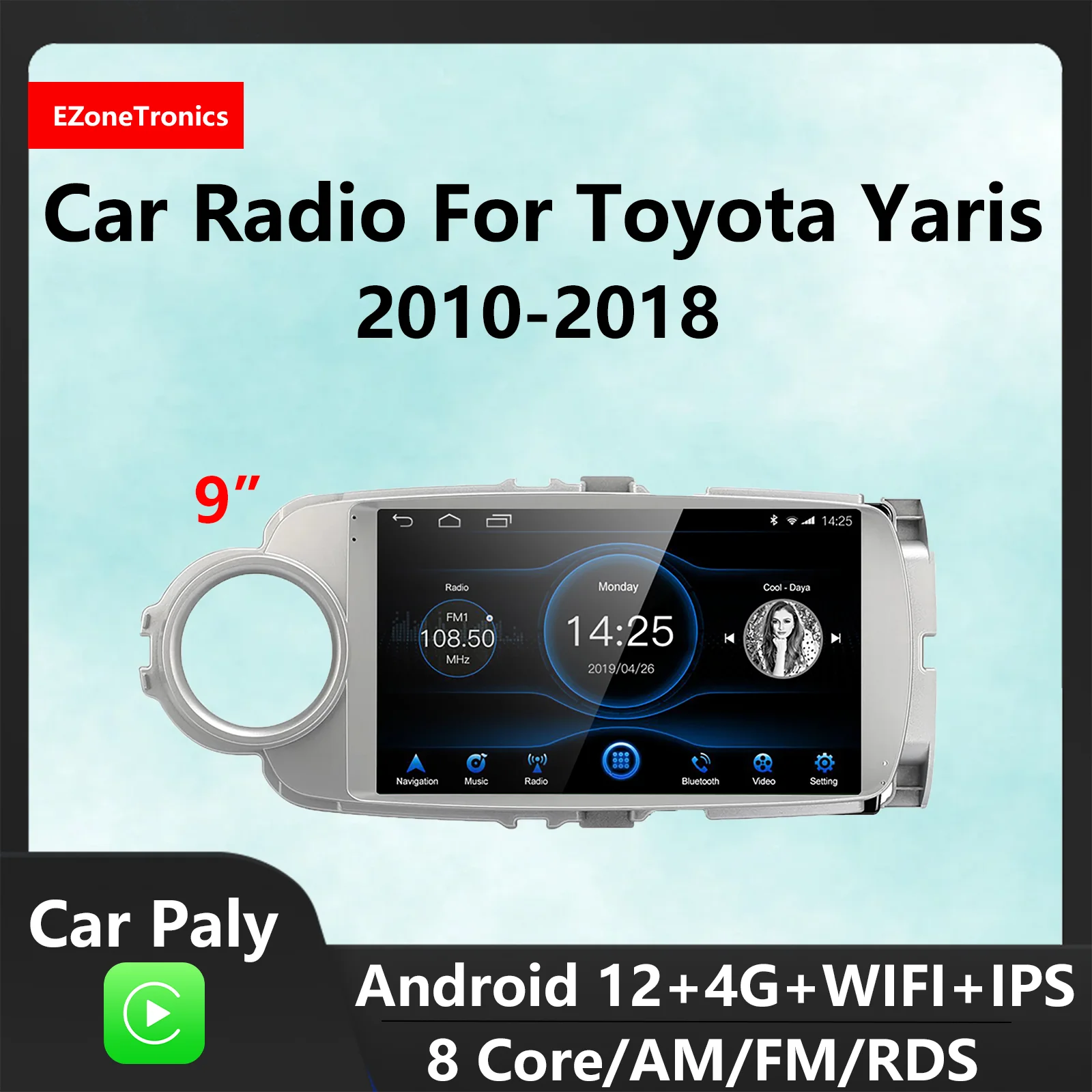 EzoneTronics CarPlay Android Auto CarRadio for Toyota Yaris 2010- GPS Navigation Bluetooth Player Entertainment System