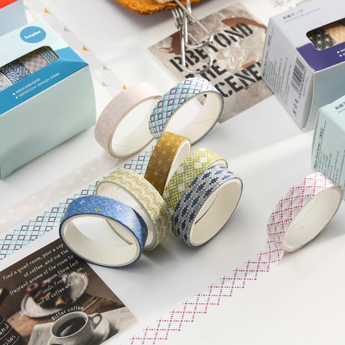 5롤/박스 빈티지 와시 테이프 세트, DIY 핸드메이드 저널, 명절 선물 상자, 스크랩북 장식, 학용품