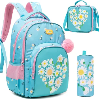 3PCS Backpack for Kids Flower Girls Bookbag Set with Lunch Box Elementary Middle School Daypack for Travel Back to School Supply 1