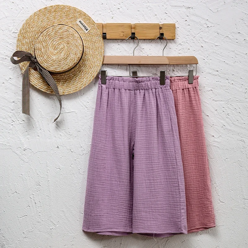 Summer New Girls Cool Loose Wide-Legged Pants Cotton Crepe Children's Daily Casual Elastic Waist Trousers