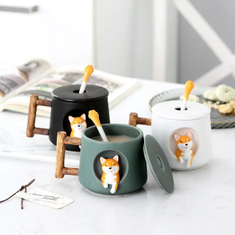 

420 мл мультяшная керамическая кружка с собакой милый 3D рисунок с крышкой ложкой любимый подарок для девочек креативная кофейная чашка для молочного чая
