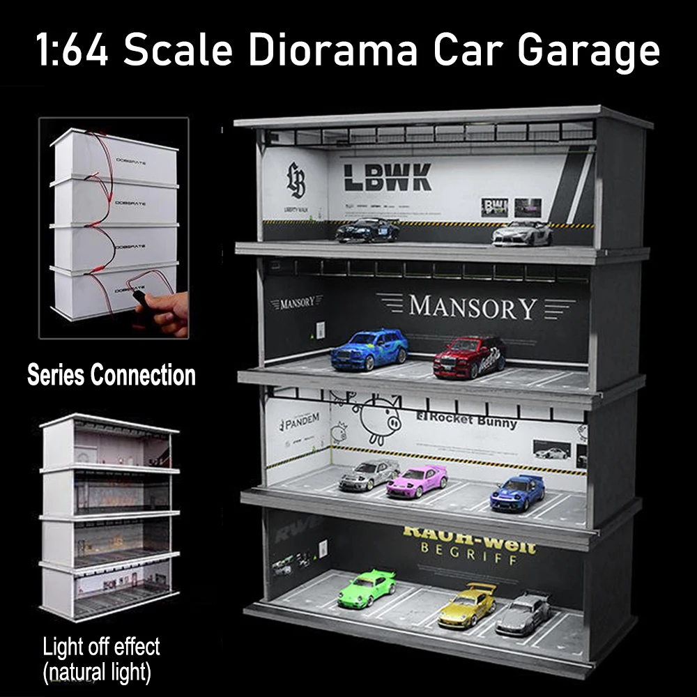 1:64 Scale Diorama Car Garage Model Assemble LED Lighting Car Parking Lot Backdrop Display Scene Model Toy Collection Gift 2