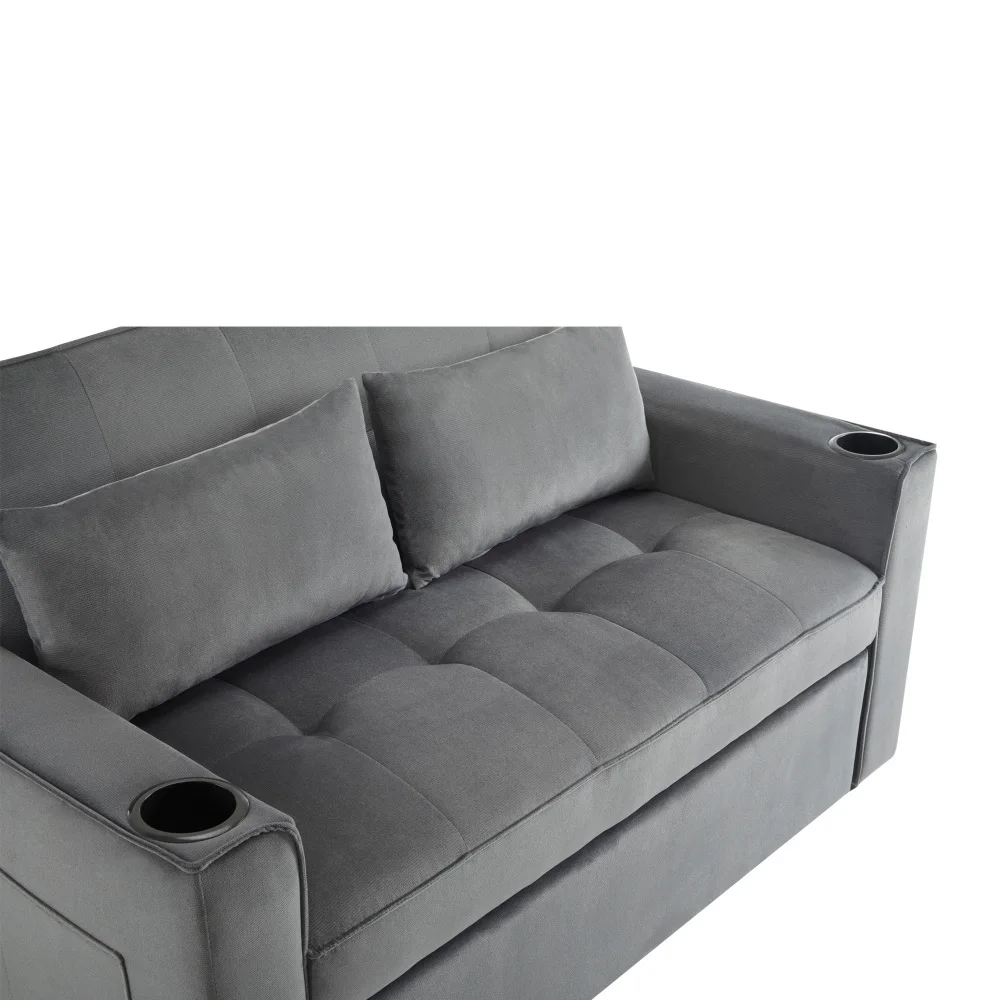 Hall kvaliteetne diivanvoodi joogitopsihoidjate ja patjadega, mis paiknevad elegantselt pehmel kangal, pakkudes mugavat istumiskohta elutoa minimalistlikus keskkonnas.