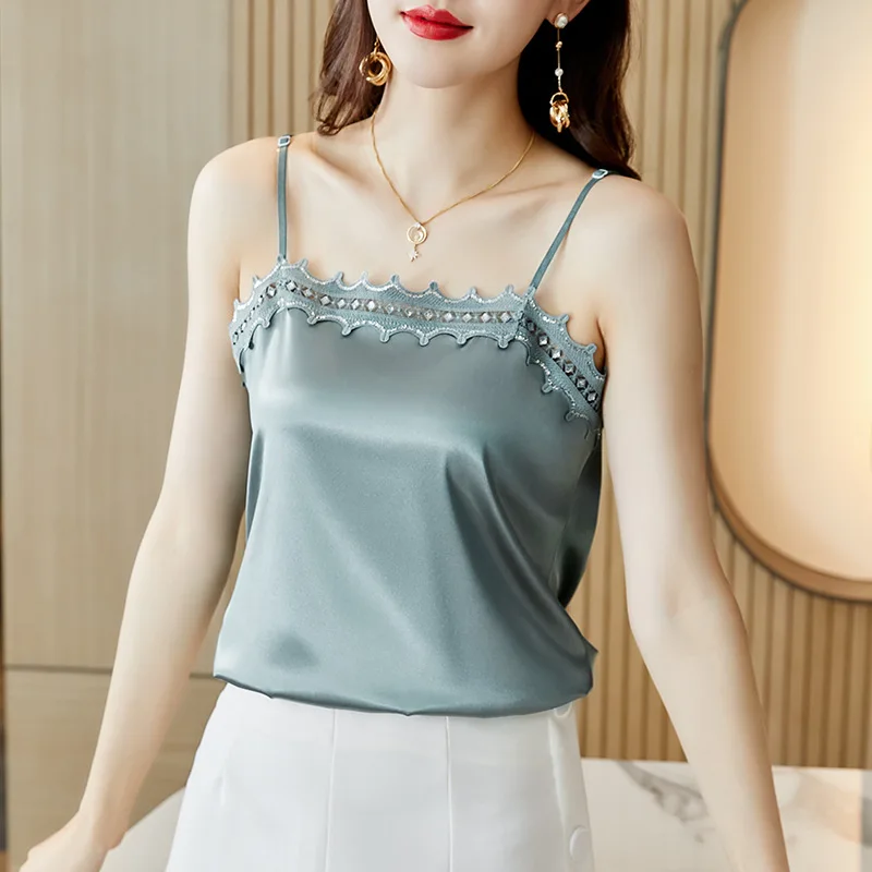 

2022 New Lace Camisole Women's All-match Stretch Satin Matching Suit with Sleeveless Bottoming Shirt