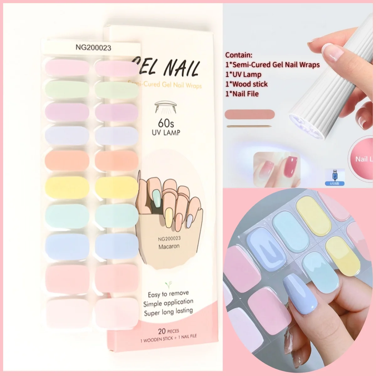 4Pcs/Set 20Tips NG Semi Cured UV Gel Nail Strip with Nail Lamp Sparkly Shinning Polish Stickers Kits Manicure Art
