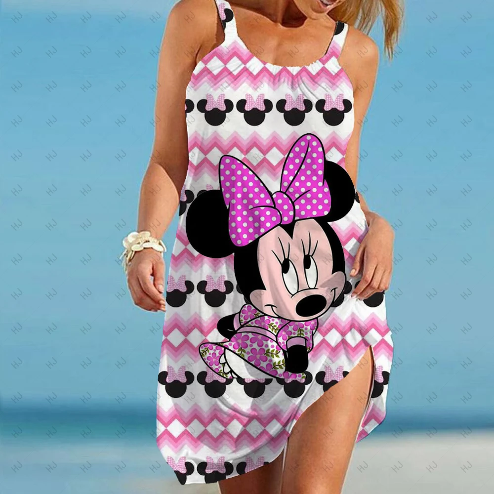 

Disney Mickey Mouse Print Women Dress Vintage Woman Beach Dress Sling Midi Sleeveless Dresses Boho Girls Streetwear Night Dress