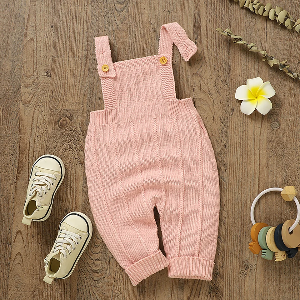 Infant Baby Girl Sweater Knit Overalls - Adjustable Strap Romper Jumpsuit With Embroidered Design 0-24 Months