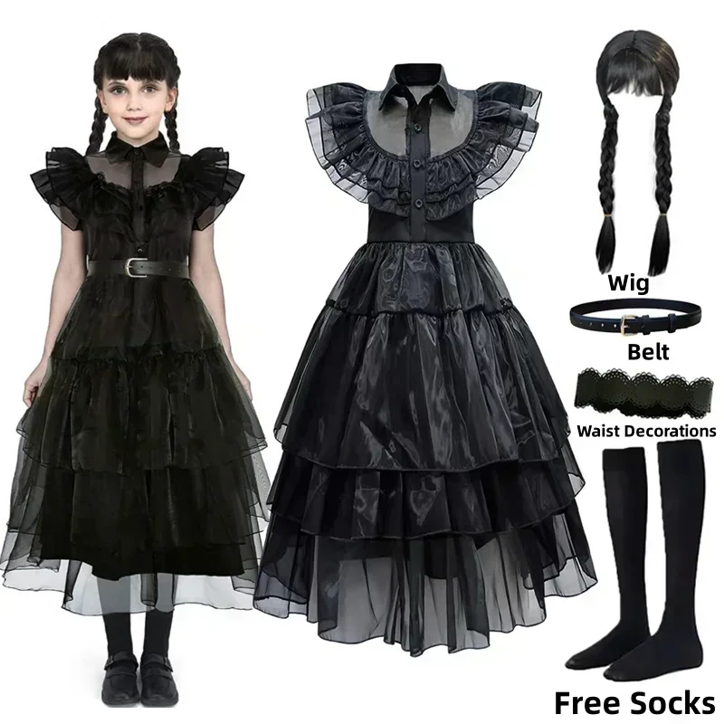 Cosplay Costume Kids Girls Dress Halloween Dress Outfit Wednesday Addams Dress Up Costume for Girls Birthday Halloween Cosplay Party Dress with Wig Socks Belts For Kids 2-12 Years