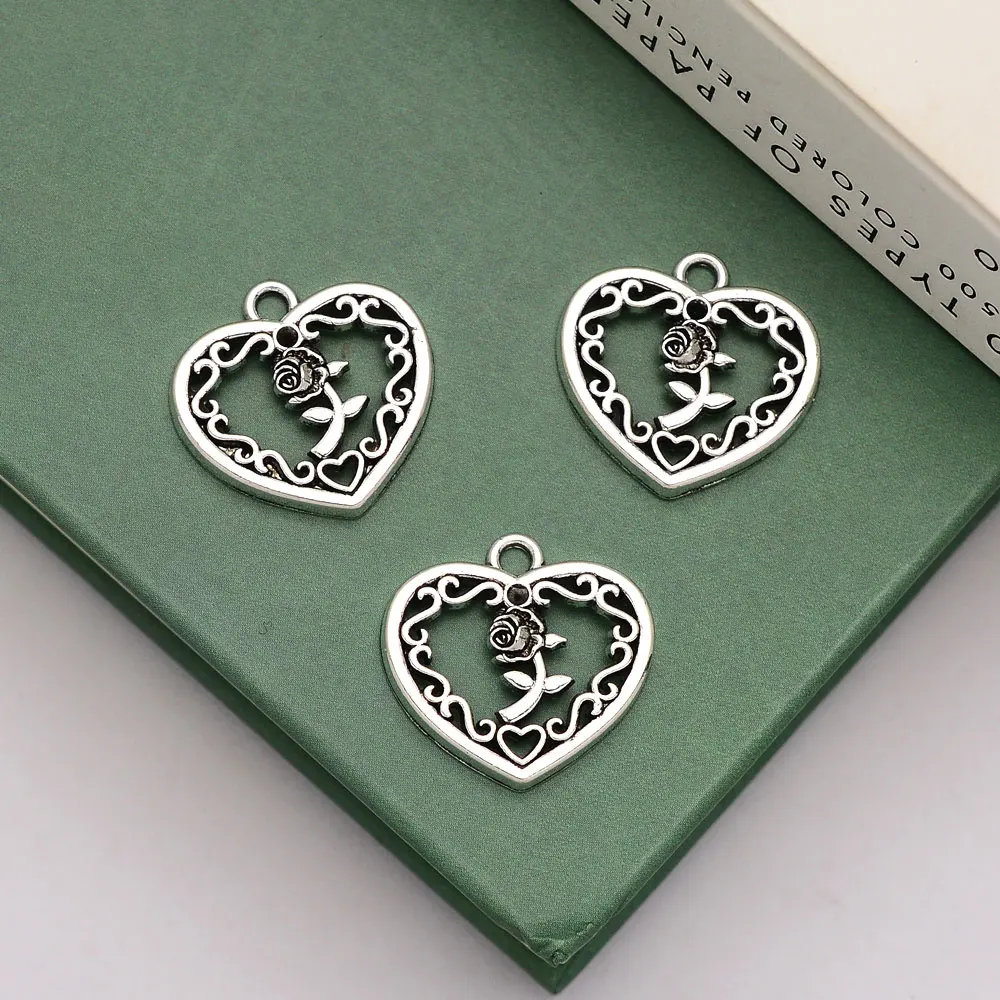 30pcs/lot 19x20mm Antique Silver Plated Valentine's Day Charms Rose Heart Pendant For Jewelry