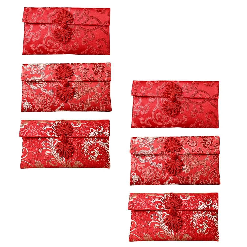 6 Pcs Buckle Fabric Red Envelope Chinese Knot Envelopes Silk Brocade Money Holders Paper Bags Printing Products Red Packets