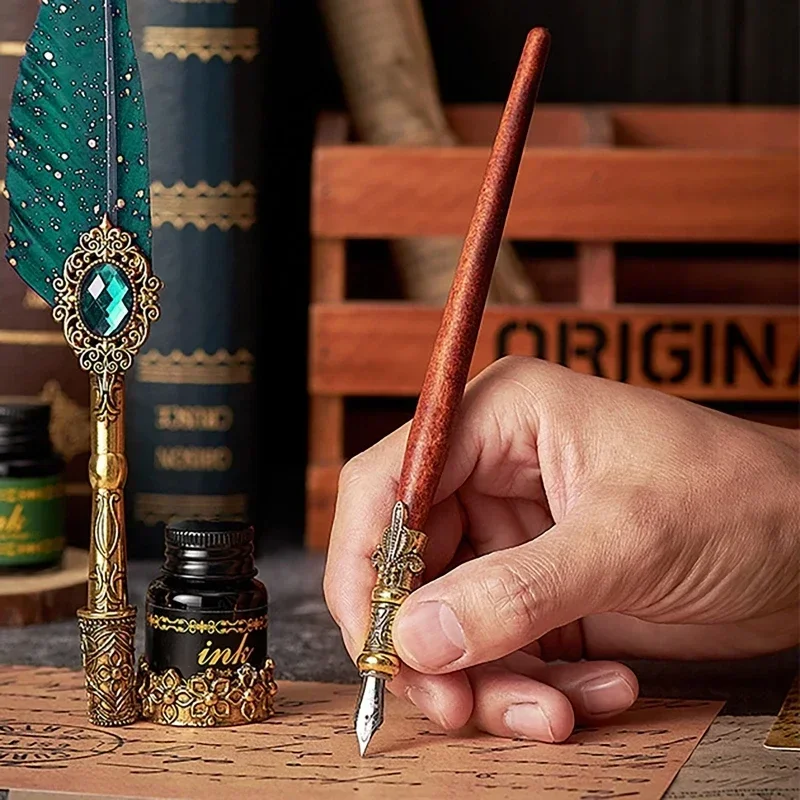 앤티크 스프링클링 깃털 딥 펜, 잉크 빈티지 서예 펜 세트, 만년필, 미술 용품, 공예품, 학생 DIY 선물, 17 개