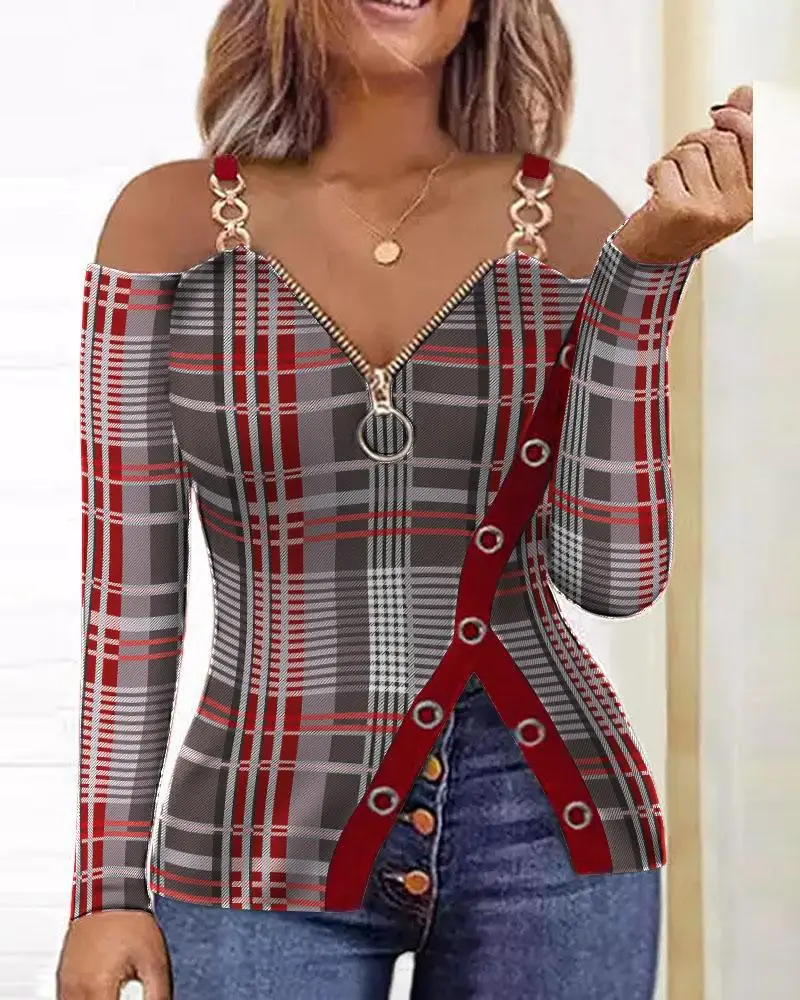 

Anchor Print Zip Detail Split Hem Cold Shoulder Top Contrast Leopard Chic Fashion Summer Casual Form-fitting V-neck