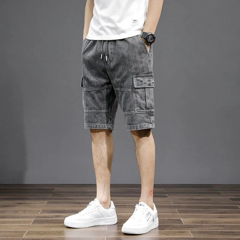 2023 Summer Gray Blue Denim Shorts for Men Cotton Knee-Length Straight Casual Loose Thin Elastic Bermuda Jeans Short Pant