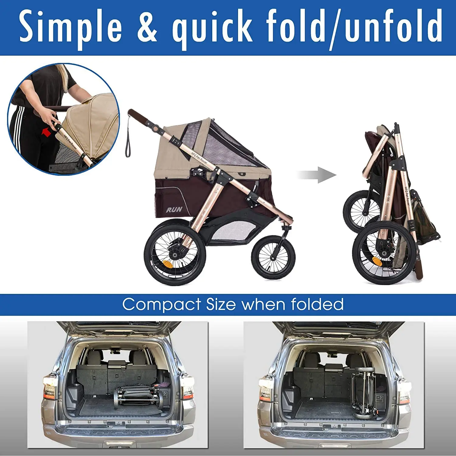 Pet Rover Run Performance Jogging Sports Stroller with Comfort Rubber Wheels/Zipper-Less Entry/1-Hand Quick Fold/Aluminum