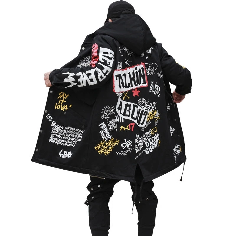 

Spring Autumn New Men's Parkas Hooded Jacket Graffiti Print Cotton Wadded Long Coats High Street Hip Hop Casual Loose Outerwear