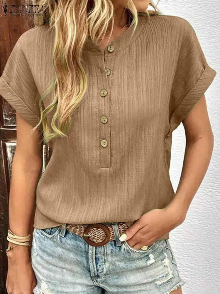 

ZANZEA Fashion Summer Women Short Sleeve Blouse Female Work Blusas Loose Solid Party Shirt Chemise Casual Elegant Tunic Tops