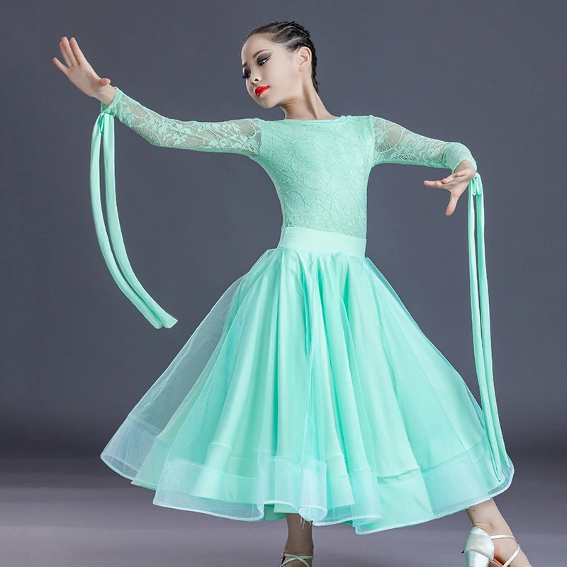 New Ballroom Dance Competition Dress For Girls Long Sleeved Lace Tops Skirts Suit Waltz Rumba Modern Dance Clothing DN12893
