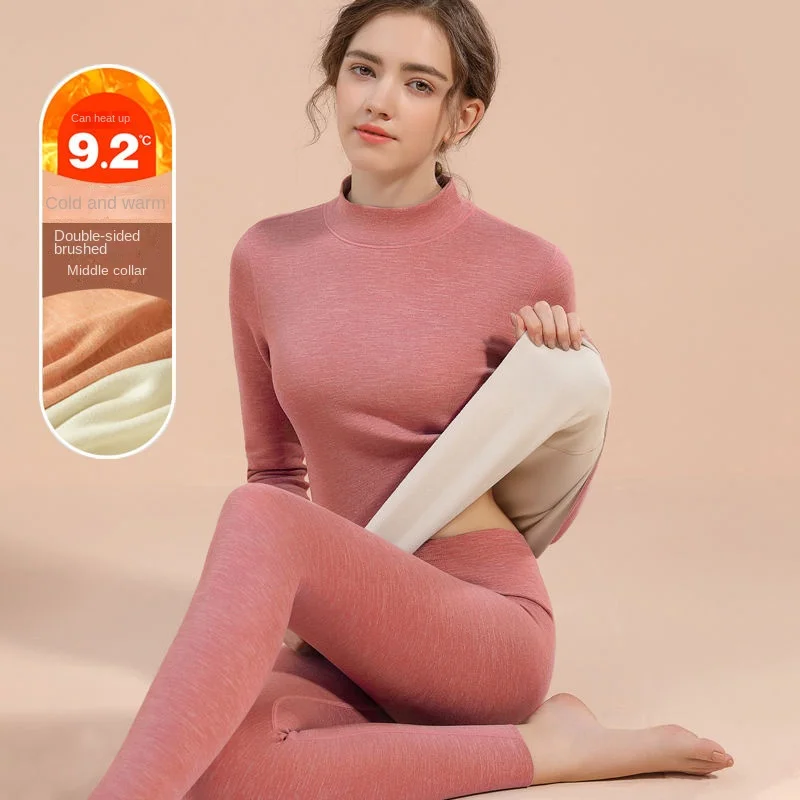 Winter Women Thermal Underwear Set Mid-high Collar Fleece Long Sleeve Top Pants Leggings Close-fitting 2 Piece Warm Suit