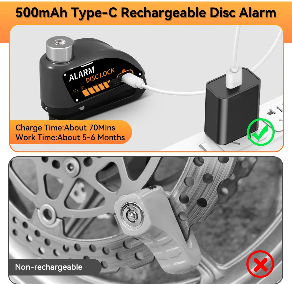 Rechargeable Waterproof 120dB Loud Motorcycle Anti-Theft Alarm Disc Brake Lock
