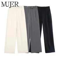 MUJER 2025 Women's Pants Beige Grey Black Wide Leg Pants Women High Waist Baggy Pants Woman Fashion Summer Office Trousers