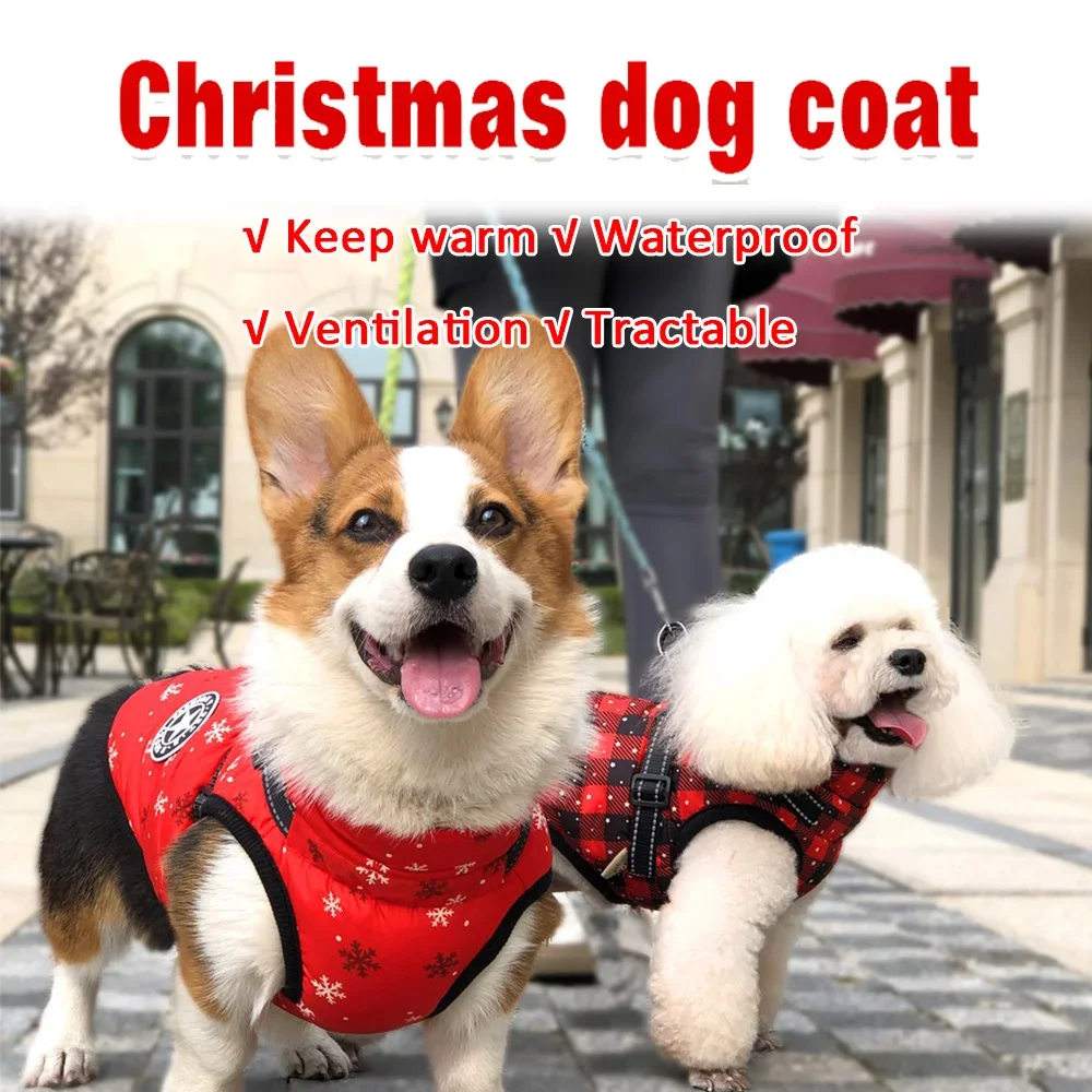 

Autumn Winter Red Pet Vest Thicken Christmas Plaid Snowflake Warm Dog Coat Waterproof Reflective Chest Back Puppy Zipper Jacket