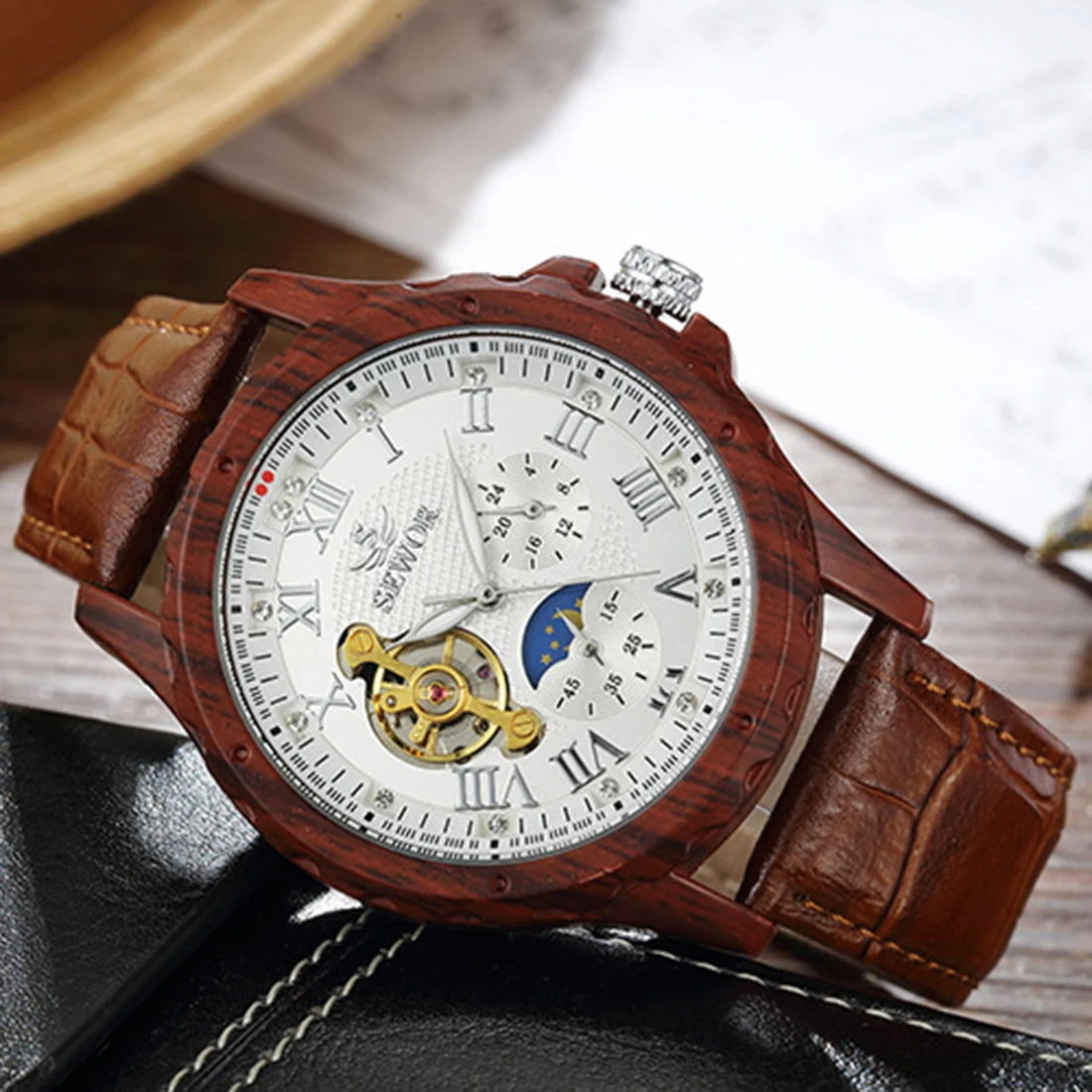 

Automatic Mechanical Watch for Men Luxury Wooden Colors Clock Not Real Wood Watches Skeleton Reloj Business Man Male Wristwatch