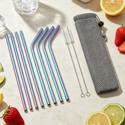 Elegant Gold Stainless Steel Reusable Straw Set with Cleaning Brush - 11 Pieces (Rainbow)